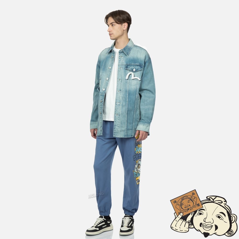 Men Evisu GRAFFITI DARMA GRID GRAPHIC PRINT DENIM SHIRT JACKET Indigo | 032WEKVUZ