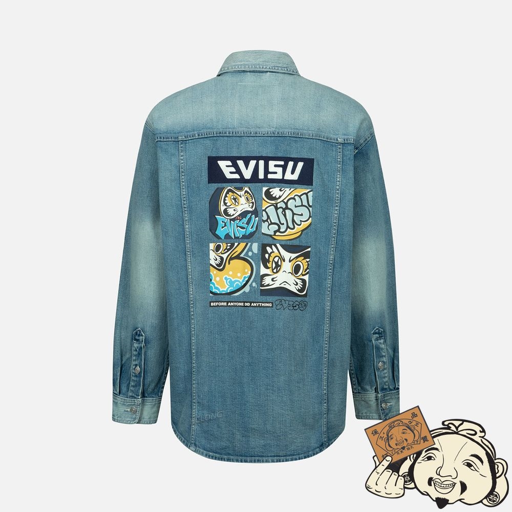 Men Evisu GRAFFITI DARMA GRID GRAPHIC PRINT DENIM SHIRT JACKET Indigo | 032WEKVUZ