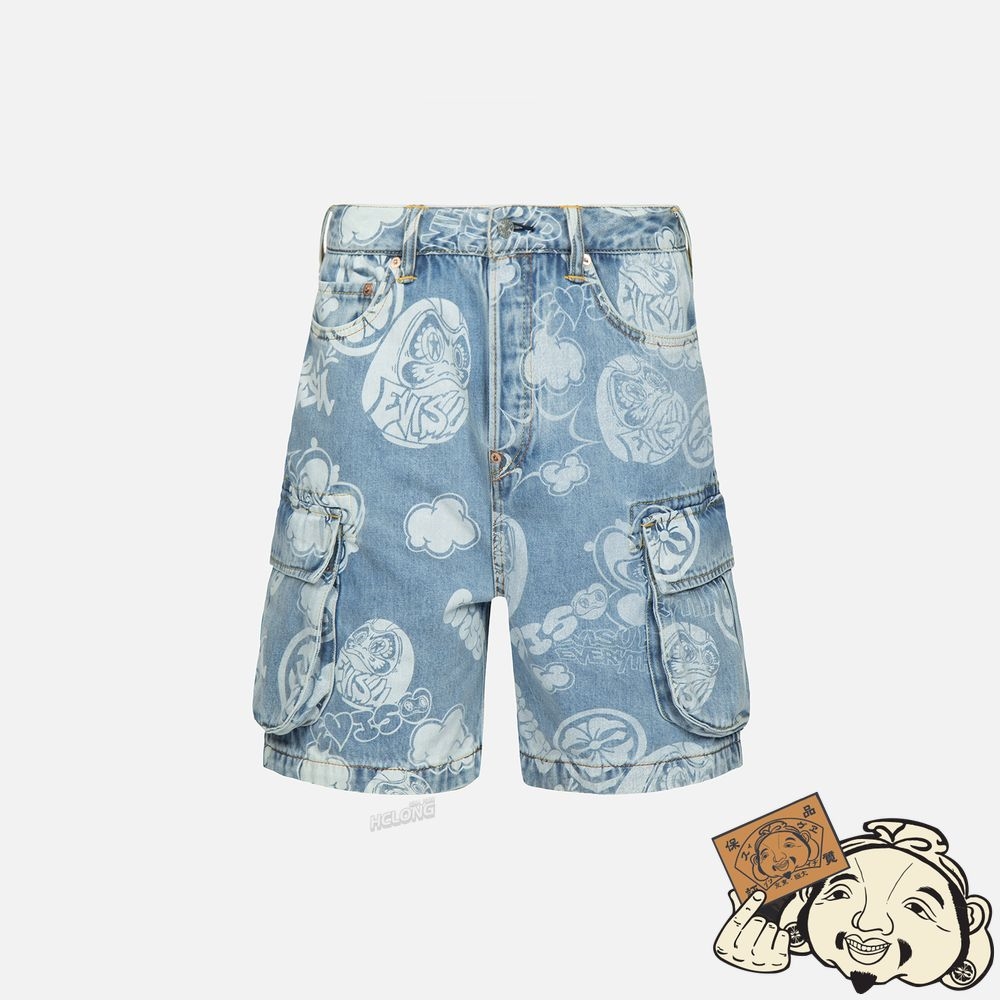 Men Evisu GRAFFITI DARUMA AND KAMON DISCHARGED PRINT DENIM CARGO SHORTS Indigo | 096PGFDVW