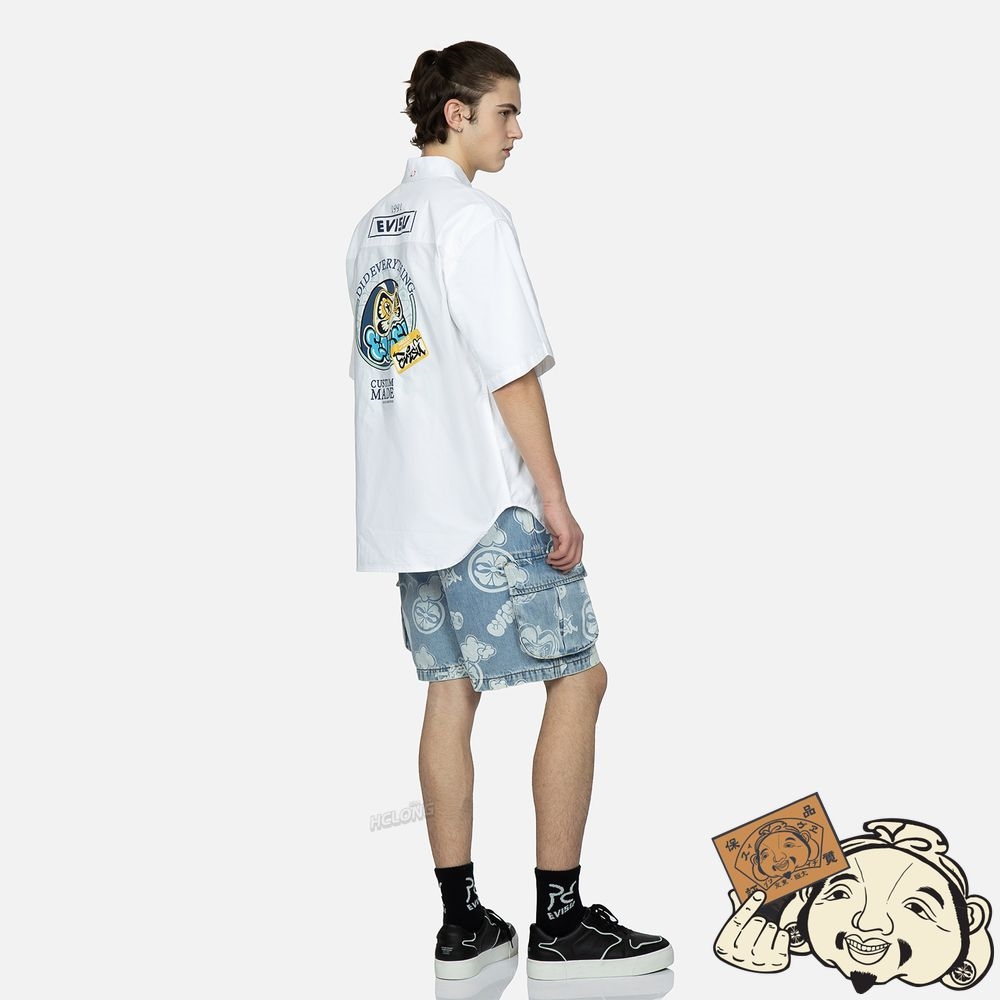 Men Evisu GRAFFITI DARUMA AND KAMON DISCHARGED PRINT DENIM CARGO SHORTS Indigo | 096PGFDVW