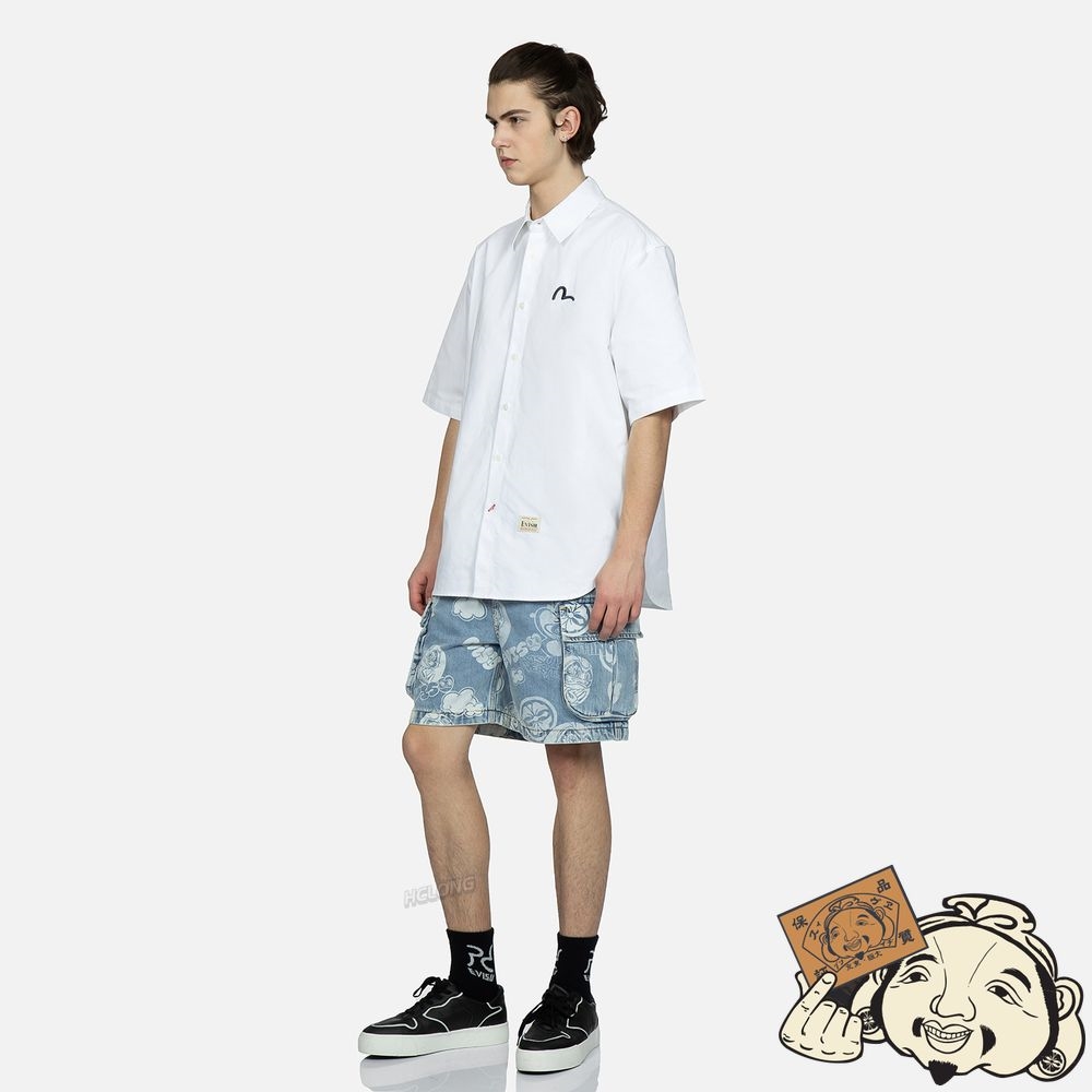 Men Evisu GRAFFITI DARUMA AND KAMON DISCHARGED PRINT DENIM CARGO SHORTS Indigo | 096PGFDVW