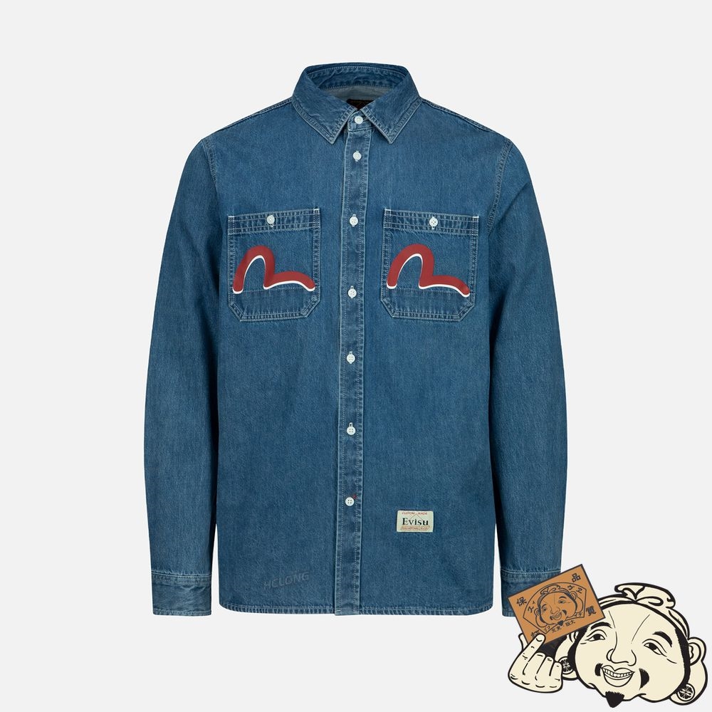 Men Evisu GRAFFITI DARUMA DAICOCK PRINT DENIM SHIRT Indigo | 534AQIKHU