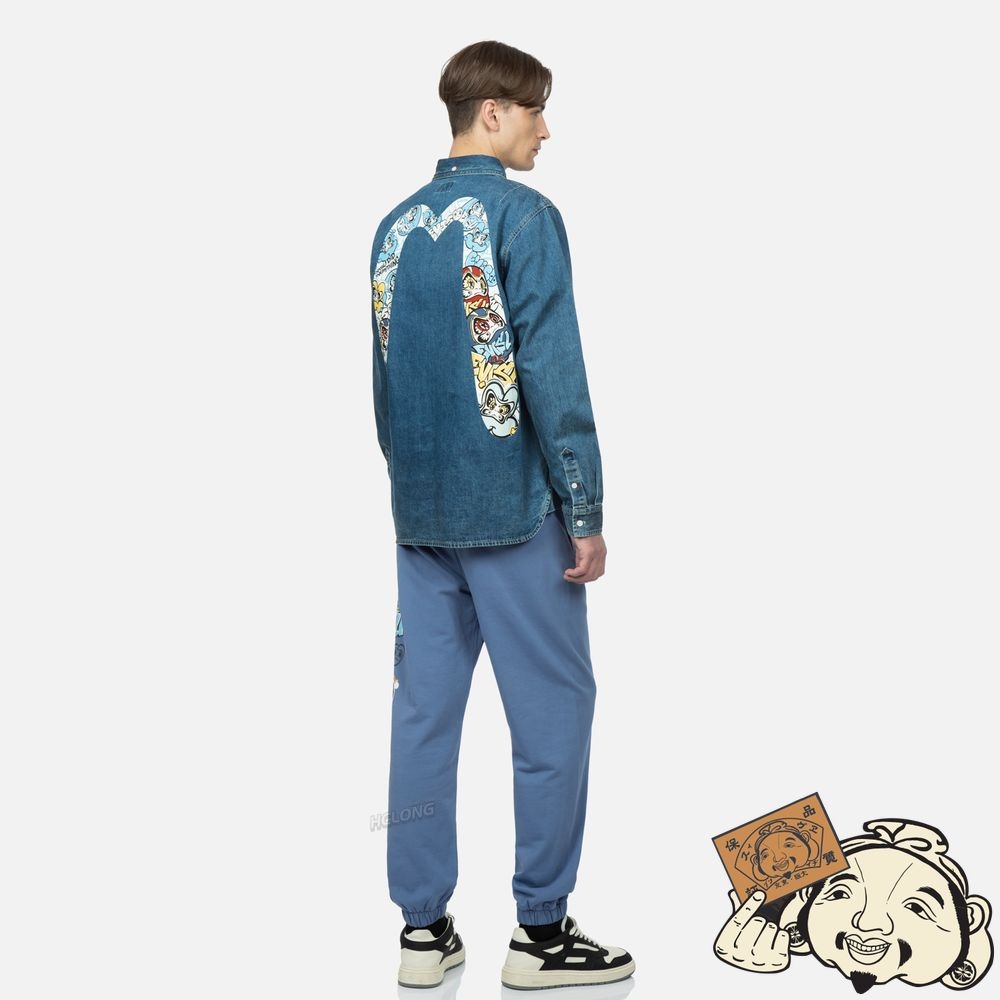 Men Evisu GRAFFITI DARUMA DAICOCK PRINT DENIM SHIRT Indigo | 534AQIKHU