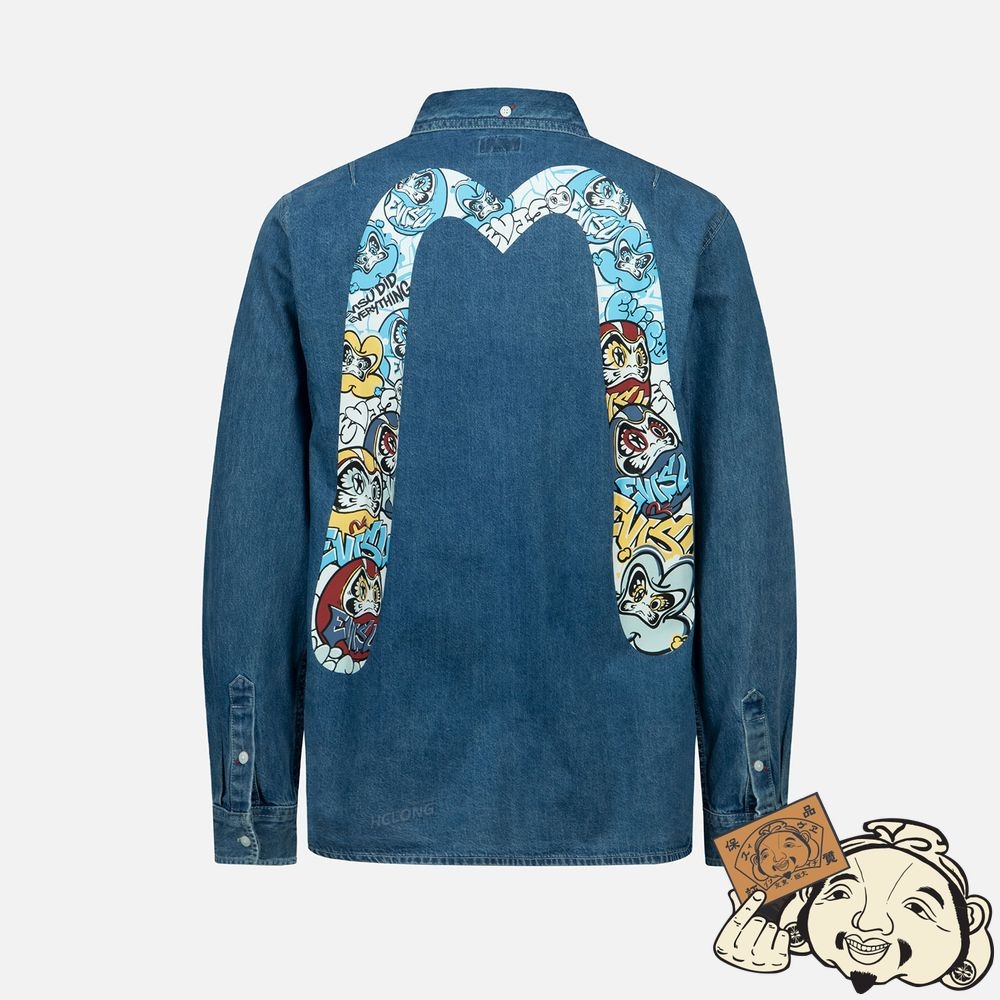 Men Evisu GRAFFITI DARUMA DAICOCK PRINT DENIM SHIRT Indigo | 534AQIKHU