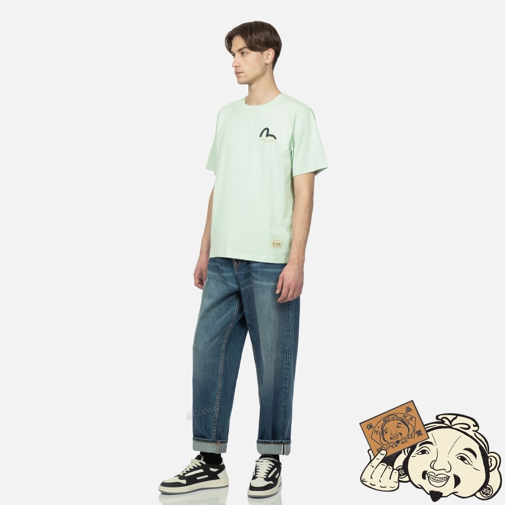 Men Evisu GRAFFITI DARUMA GRID PRINT T-SHIRT Vert Clair | 380YWNAUB