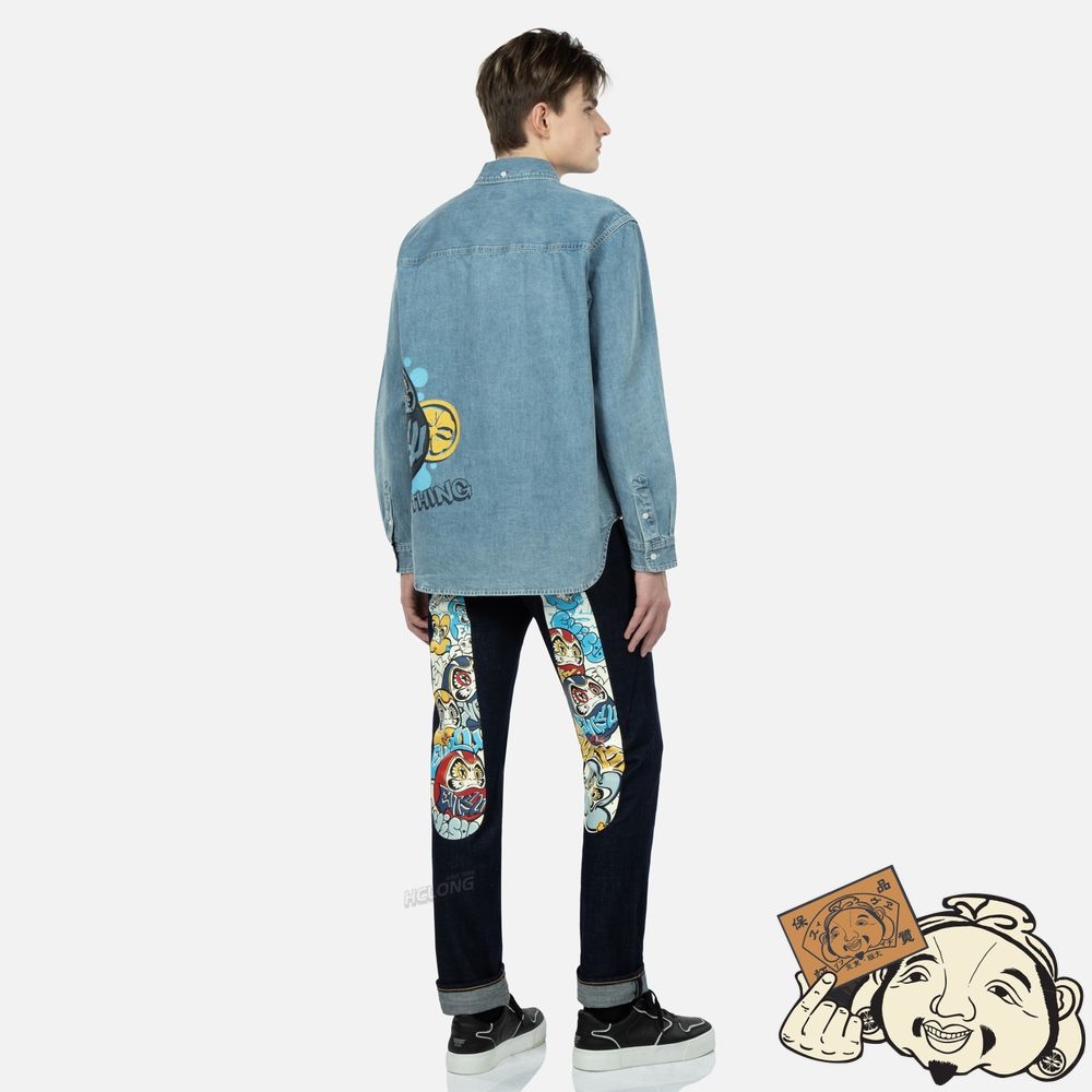 Men Evisu GRAFFITI DARUMA-PATTERN DAICOCK PRINT SLIM-FIT JEANS #2010 Indigo | 397AFITJS