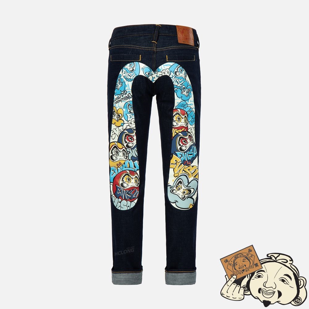 Men Evisu GRAFFITI DARUMA-PATTERN DAICOCK PRINT SLIM-FIT JEANS #2010 Indigo | 397AFITJS