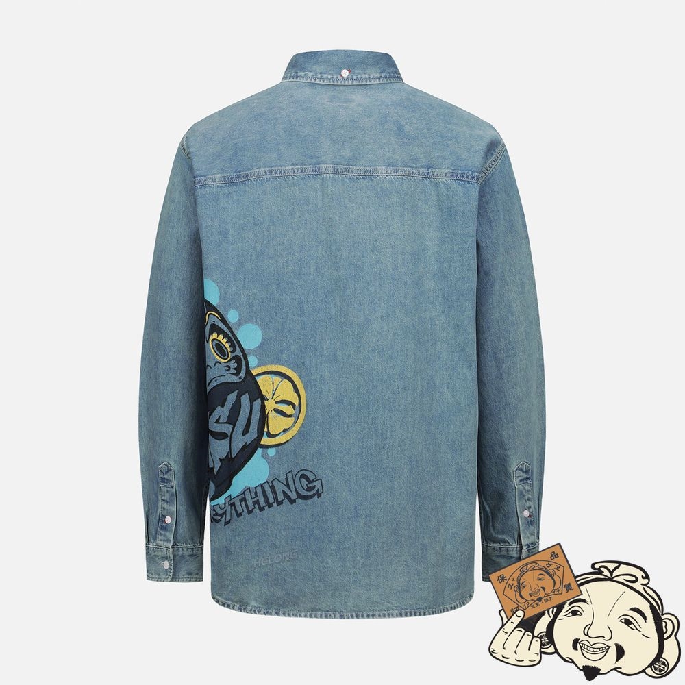 Men Evisu GRAFFITI DARUMA PRINT DENIM SHIRT Indigo | 304BQRHIG