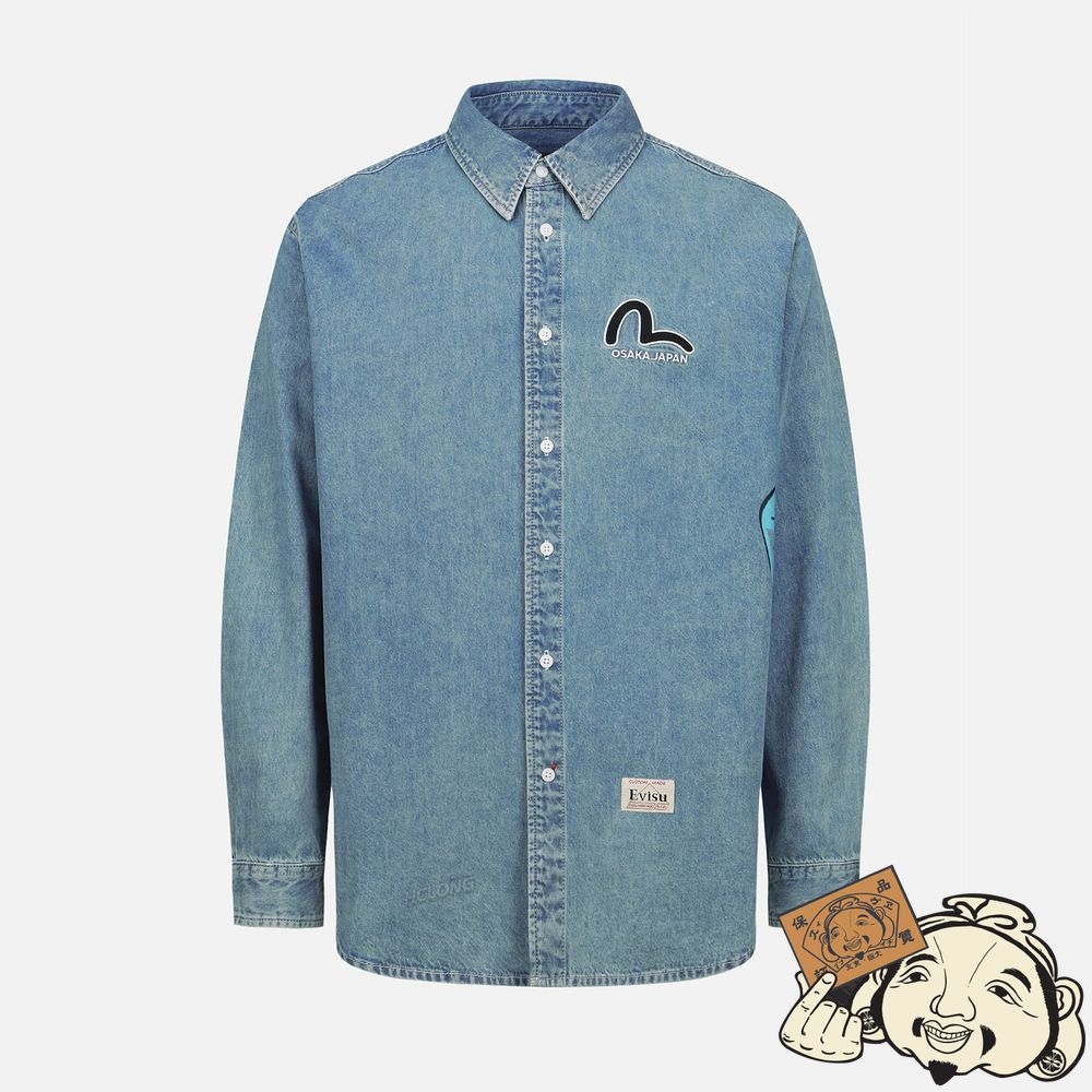 Men Evisu GRAFFITI DARUMA PRINT DENIM SHIRT Indigo | 304BQRHIG