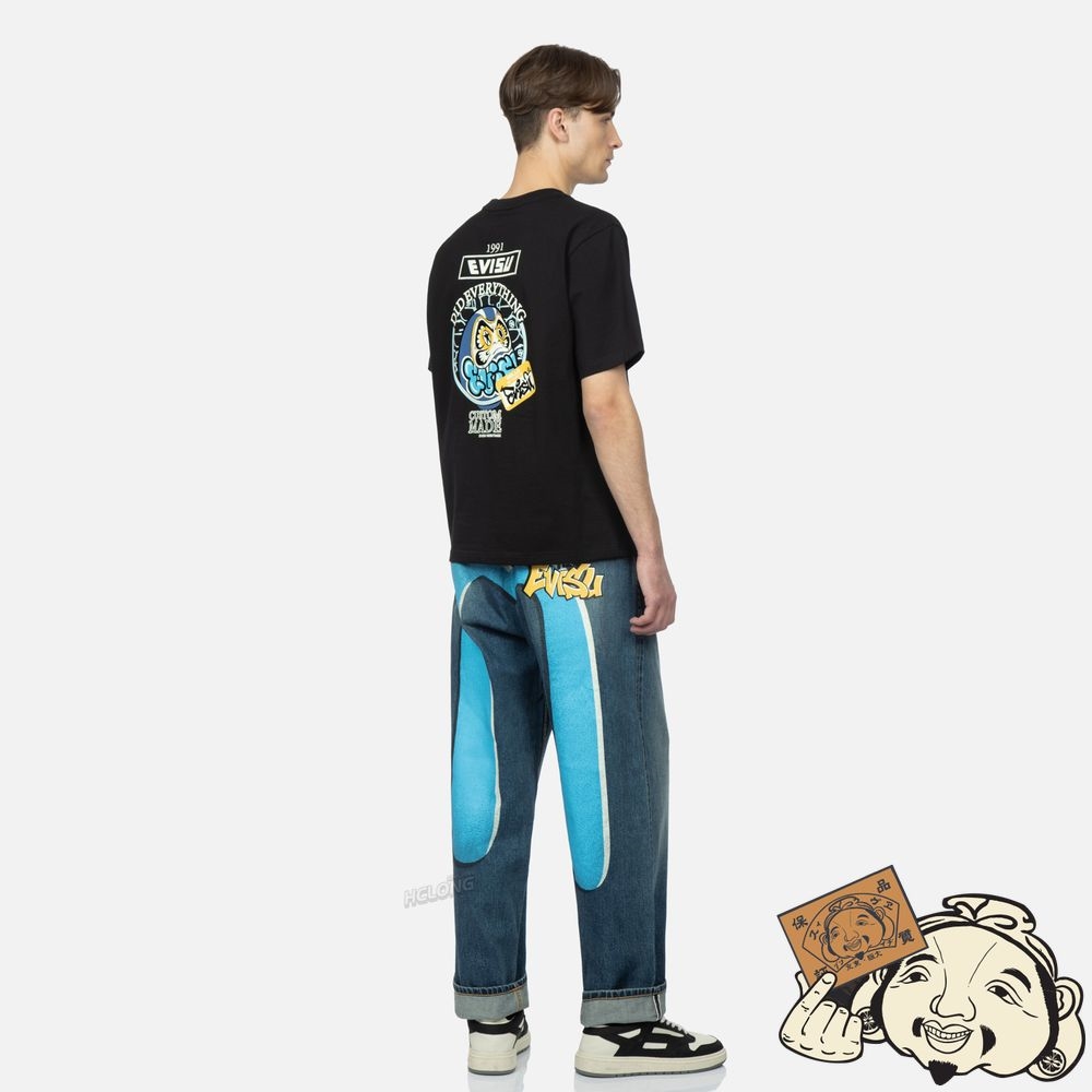 Men Evisu GRAFFITI DARUMA STICKER PRINT T-SHIRT Noir | 520JAGCIY