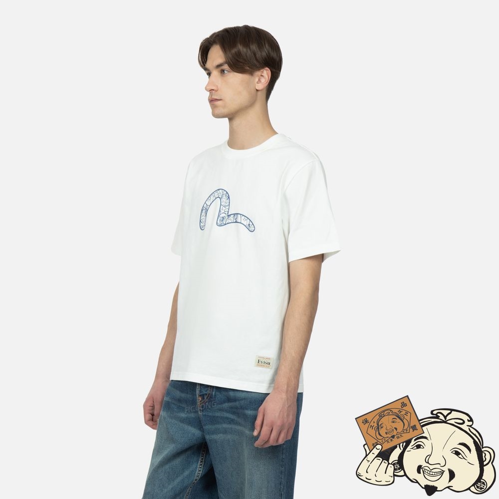 Men Evisu GRAFFITI DARUMA STICKER PRINT T-SHIRT Blanche | 803NXVMYU
