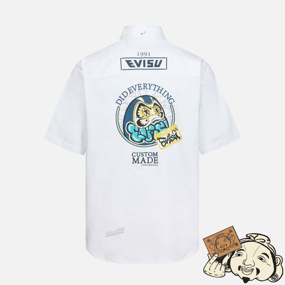 Men Evisu GRAFFITI DARUMA WITH LOGO STICKER PRINT OXFORD SHIRT Blanche | 941UQADBH