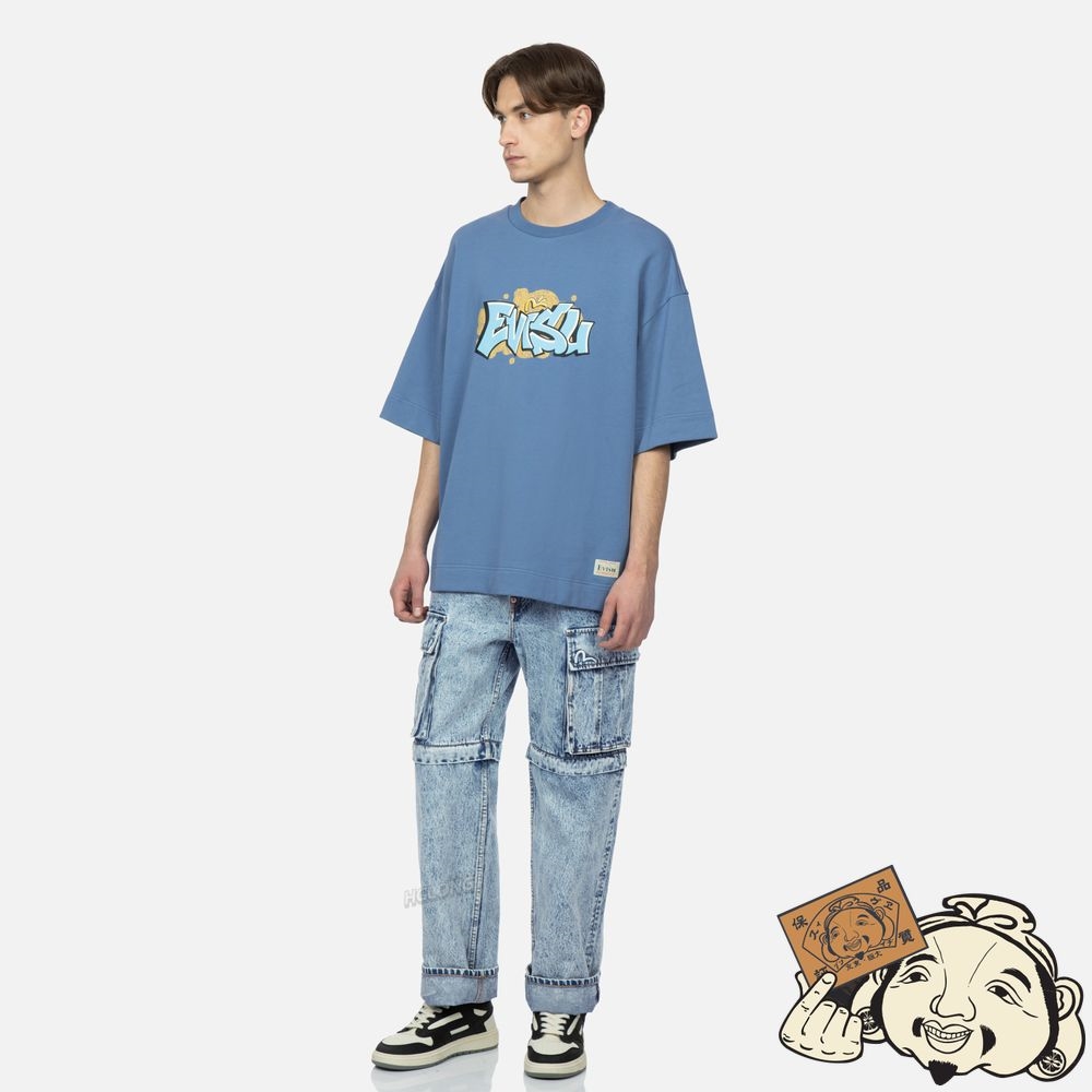 Men Evisu GRAFFITI LOGO DETACHABLE WIDE-LEG DENIM JEANS Indigo | 239XQUITC