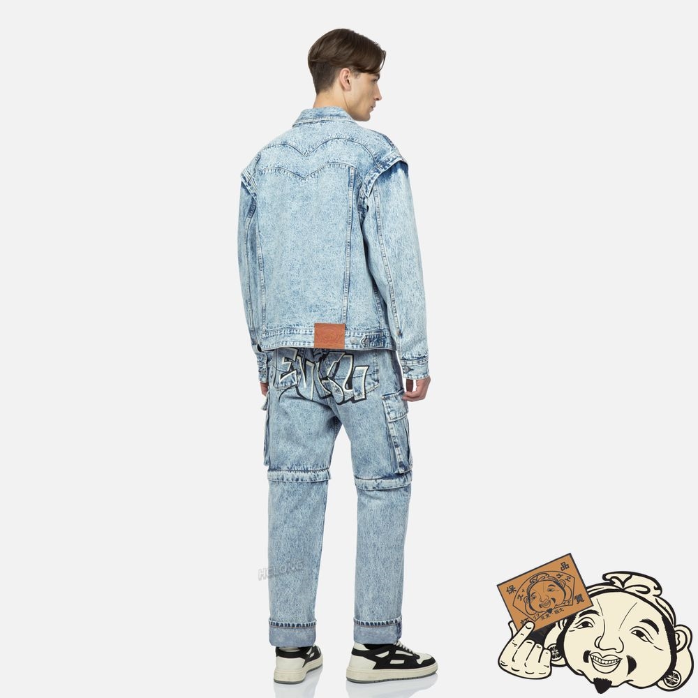 Men Evisu GRAFFITI LOGO EMBROIDERY DENIM JACKET WITH DETACHABLE SLEEVES Indigo | 894VSIKYT
