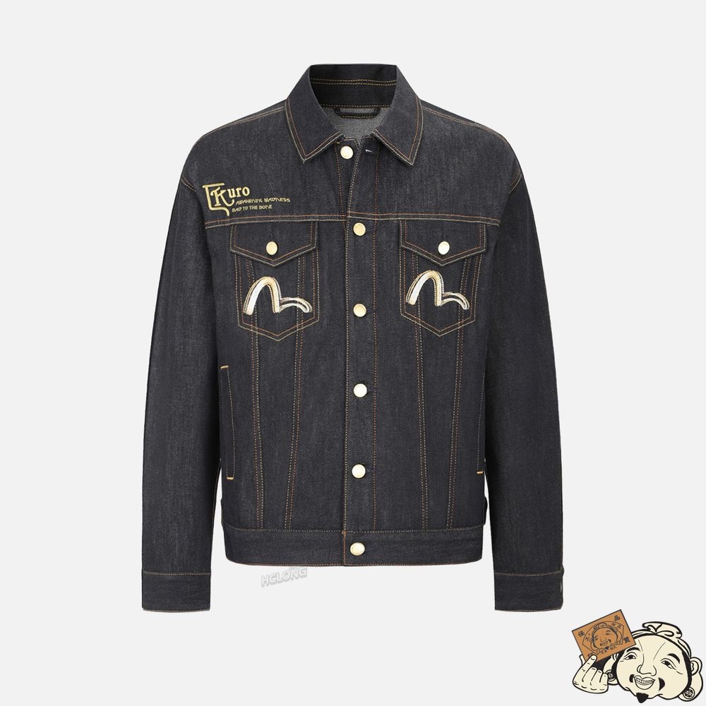 Men Evisu HANNYA AND LOGO EMBROIDERED DENIM JACKET Indigo | 679ZHYIRU