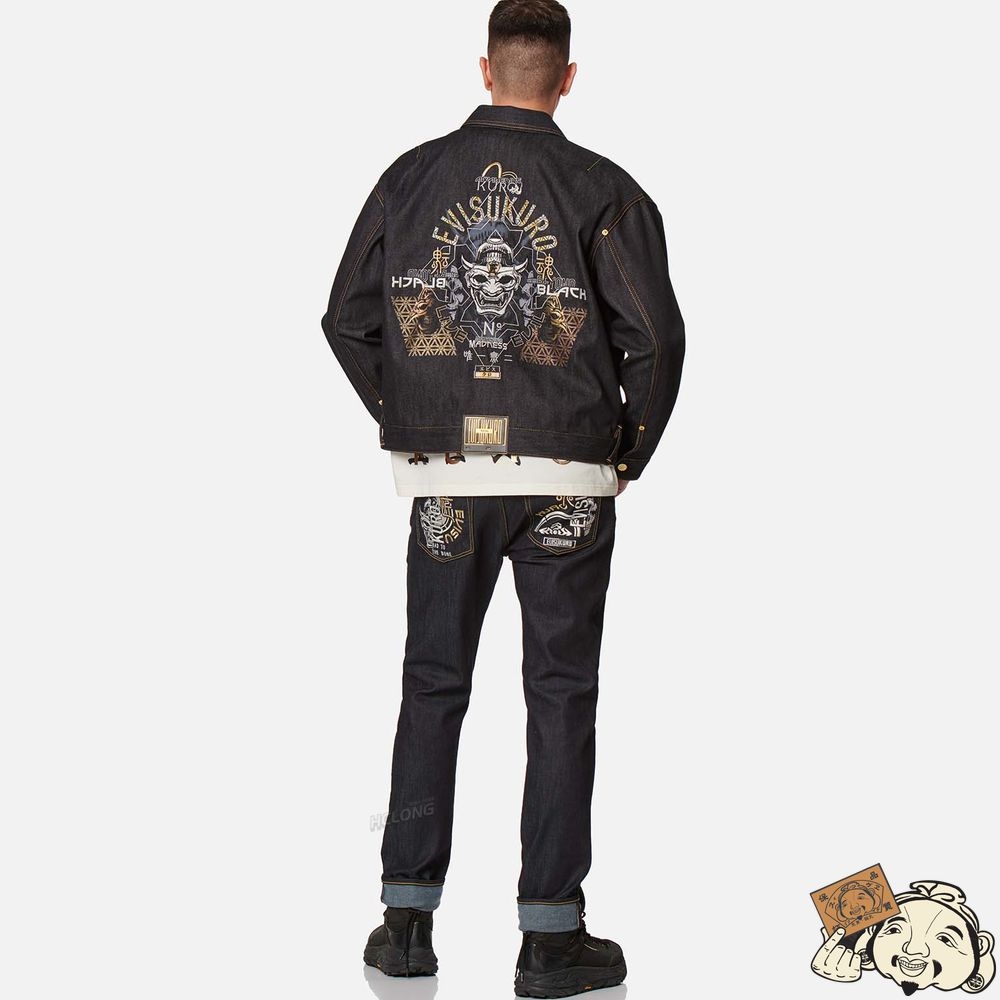 Men Evisu HANNYA AND LOGO EMBROIDERED DENIM JACKET Indigo | 679ZHYIRU