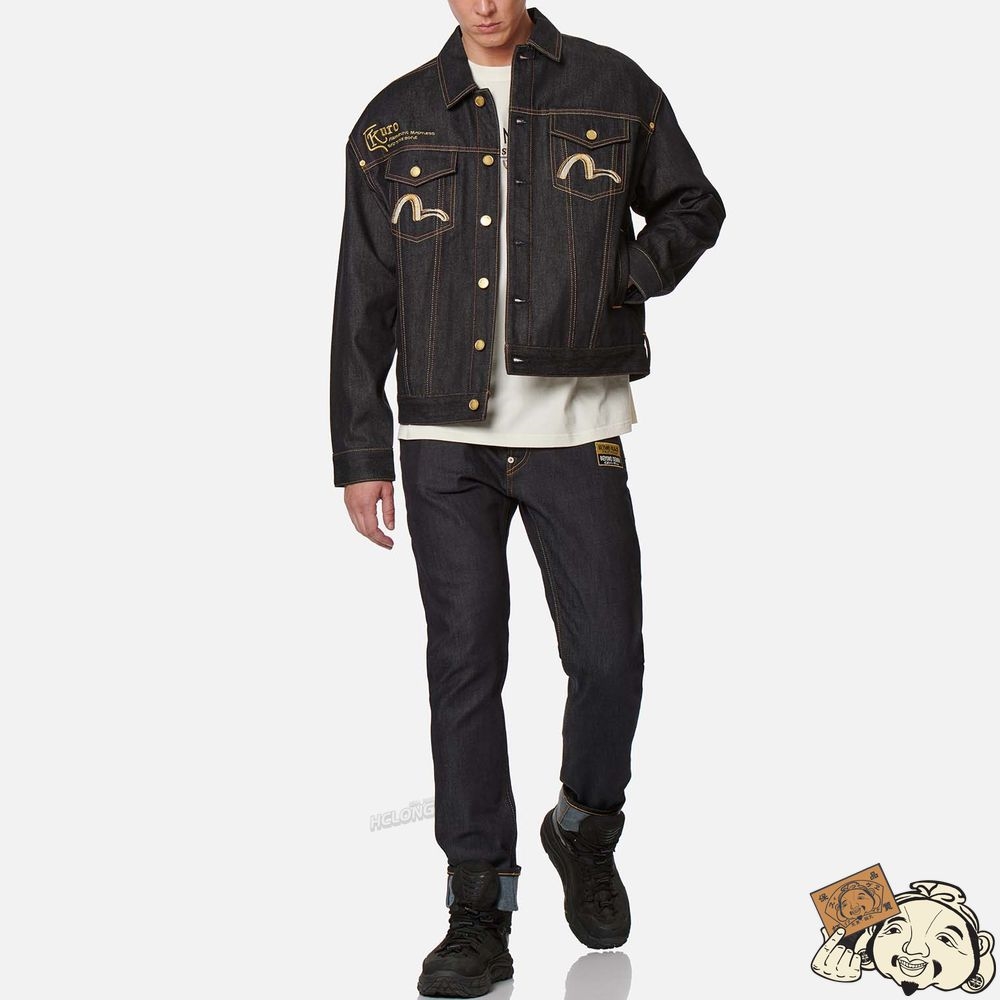 Men Evisu HANNYA AND LOGO EMBROIDERED DENIM JACKET Indigo | 679ZHYIRU