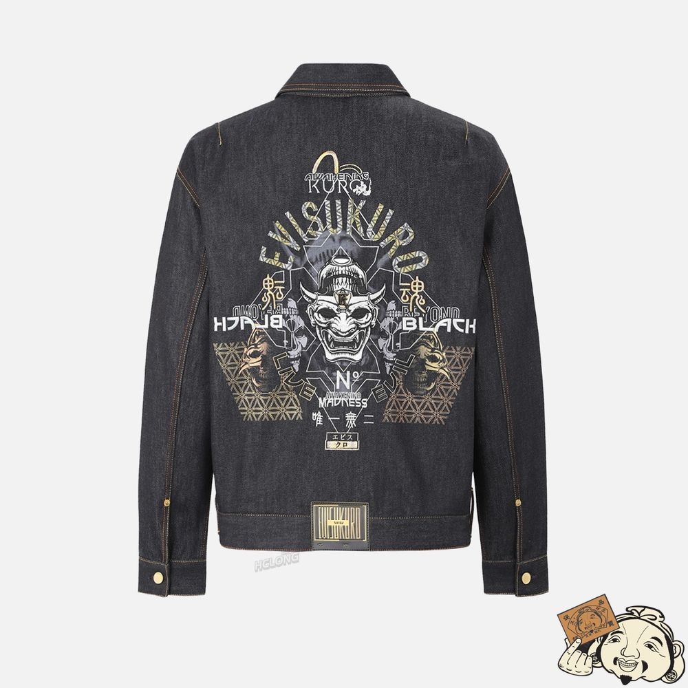 Men Evisu HANNYA AND LOGO EMBROIDERED DENIM JACKET Indigo | 679ZHYIRU