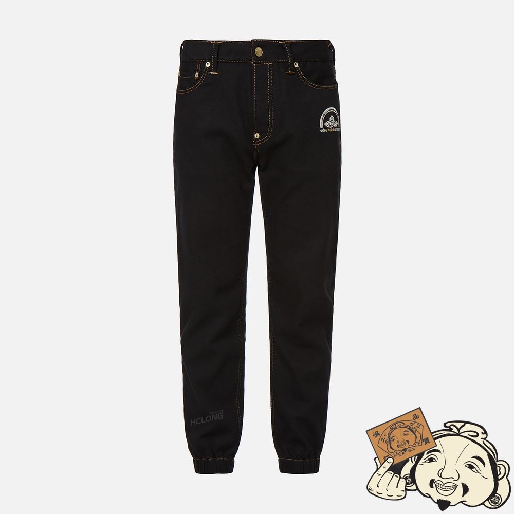 Men Evisu HANNYA AND “THE GREAT WAVE” EMBROIDERY DENIM JOGGER PANTS Noir | 482NYKHDF
