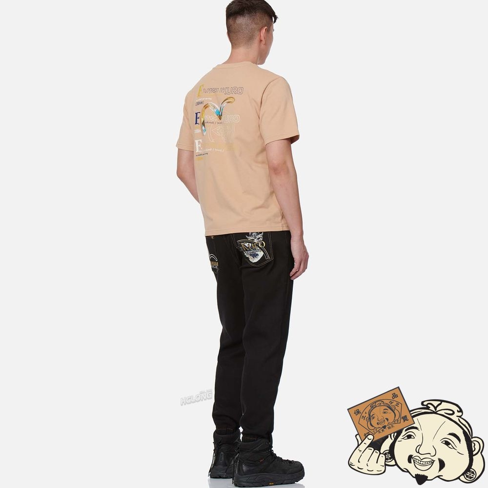 Men Evisu HANNYA AND “THE GREAT WAVE” EMBROIDERY DENIM JOGGER PANTS Noir | 482NYKHDF