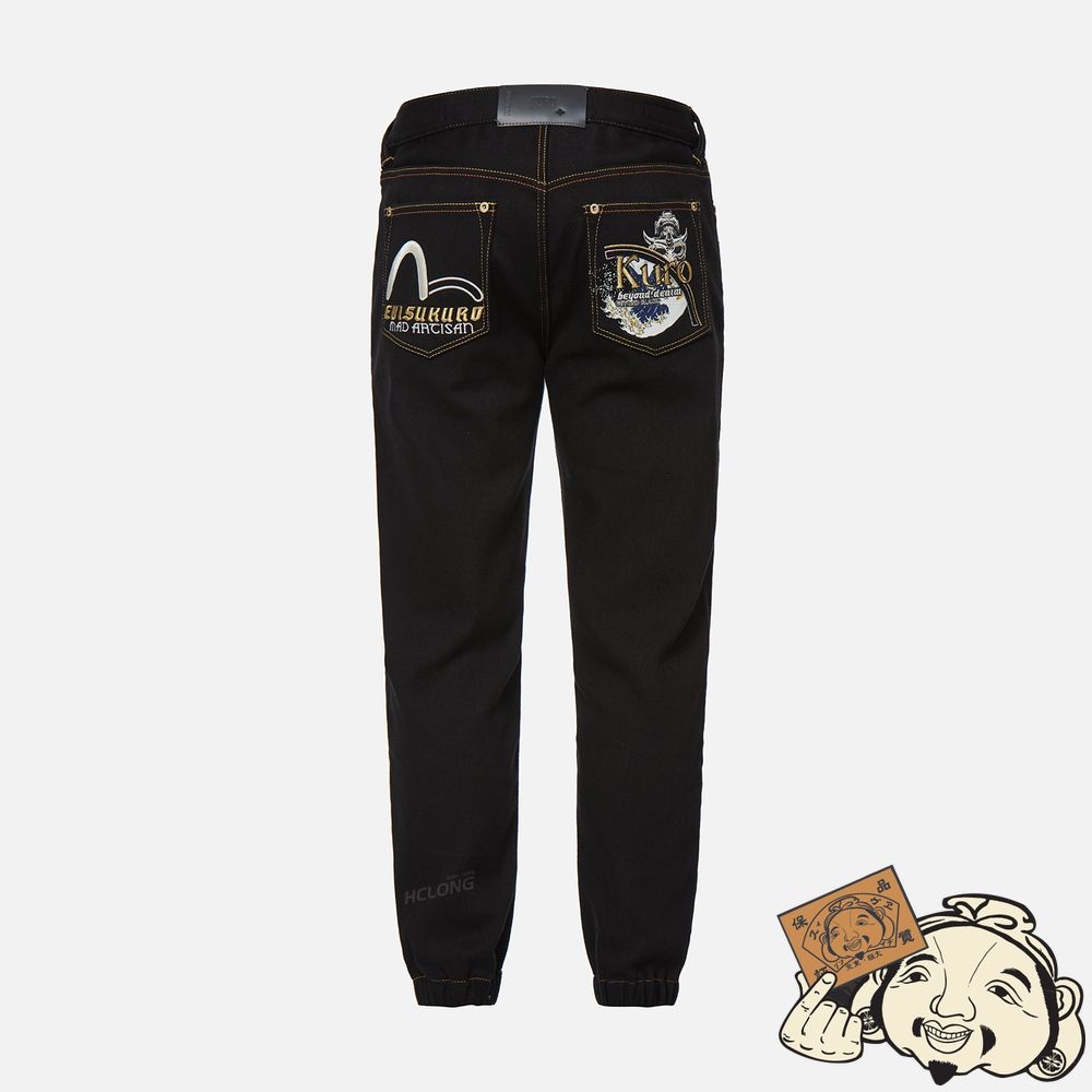 Men Evisu HANNYA AND “THE GREAT WAVE” EMBROIDERY DENIM JOGGER PANTS Noir | 482NYKHDF