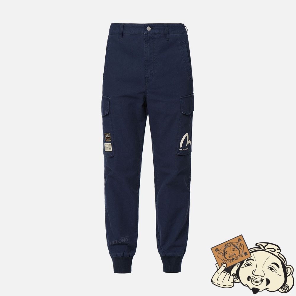 Men Evisu HIDE-AND-SEEK GODHEAD PRINT CARGO JOGGER PANTS Bleu Marine | 378GTIFCH