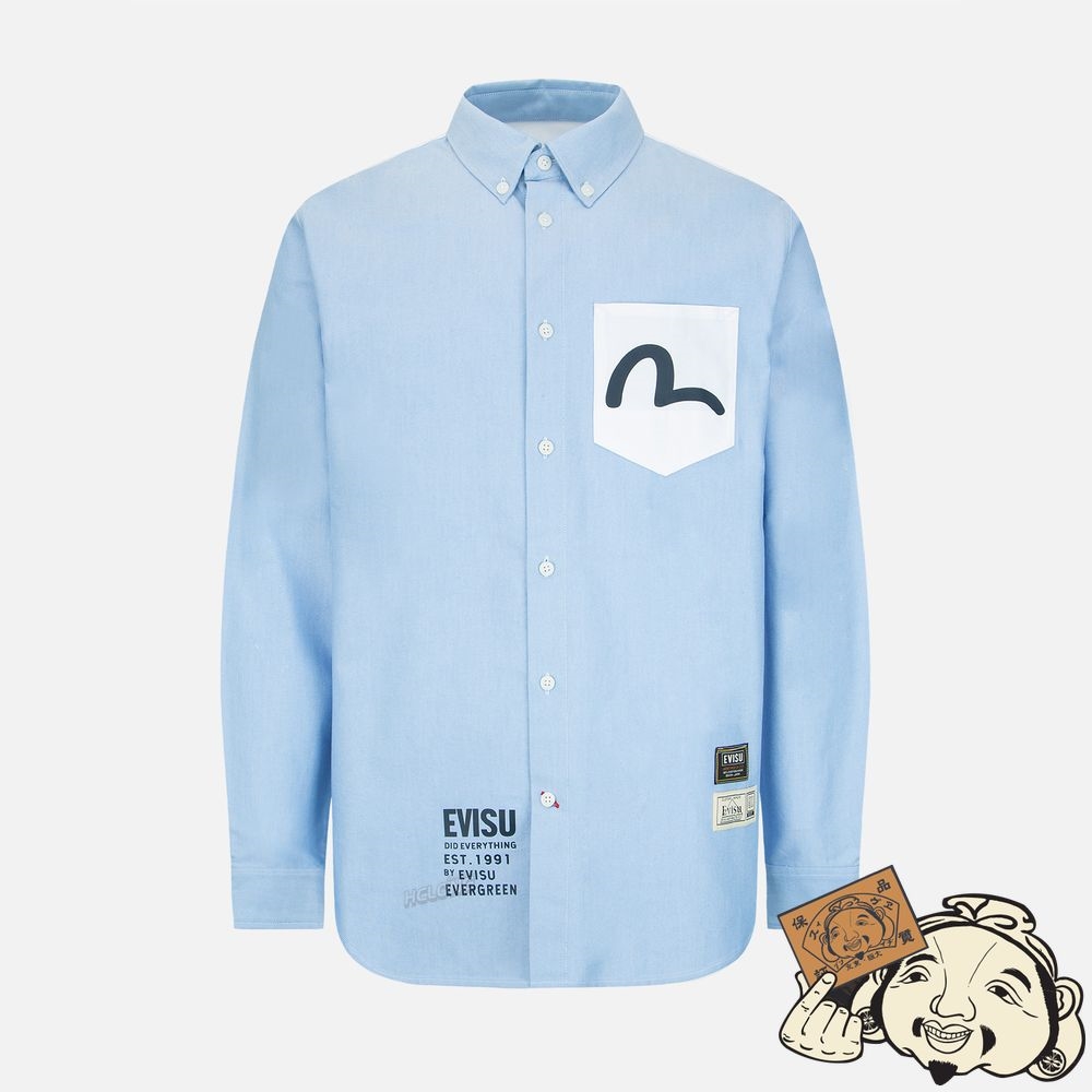Men Evisu HIDE-AND-SEEK GODHEAD PRINT OXFORD SHIRT Bleu | 068HNJFDW