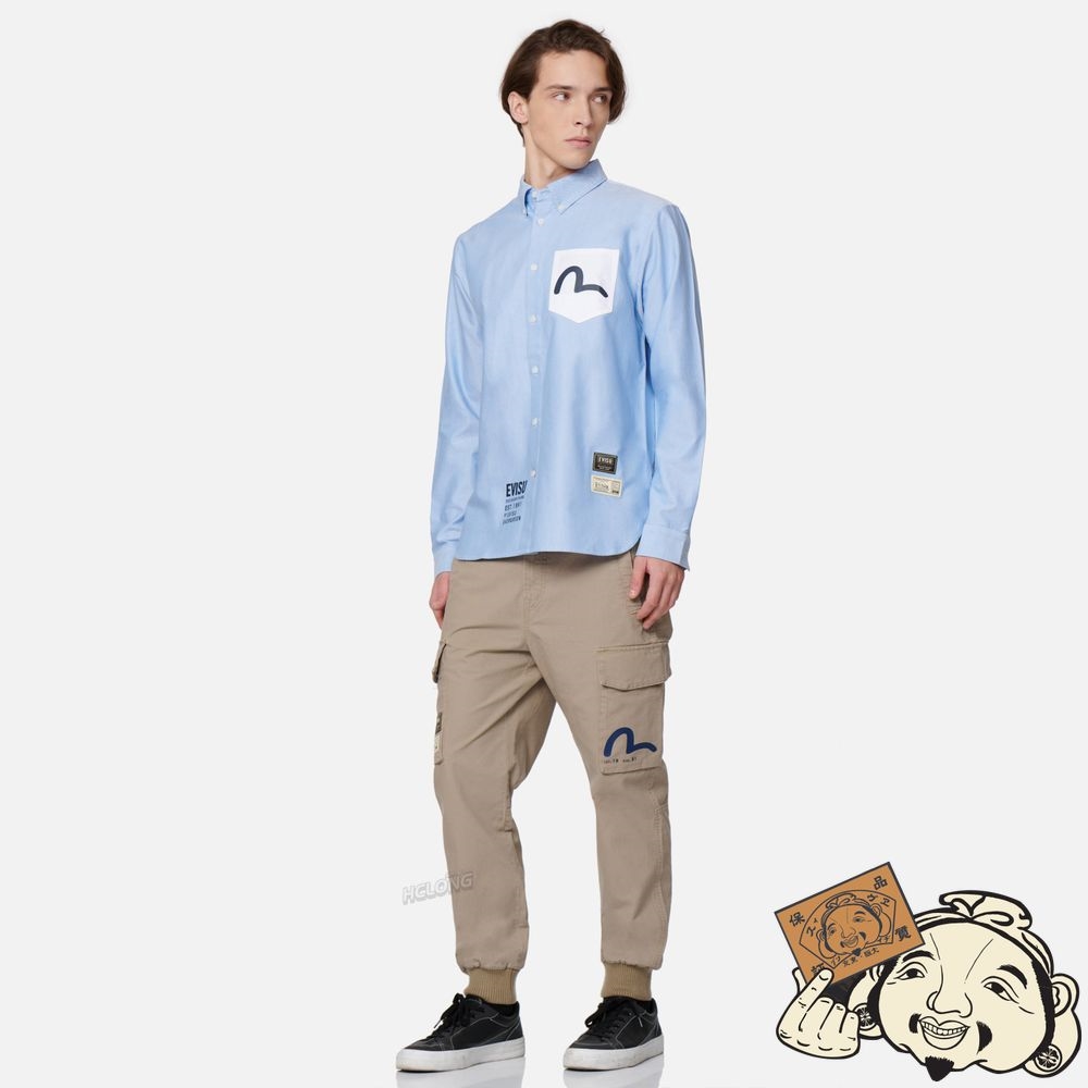 Men Evisu HIDE-AND-SEEK GODHEAD PRINT OXFORD SHIRT Bleu | 068HNJFDW