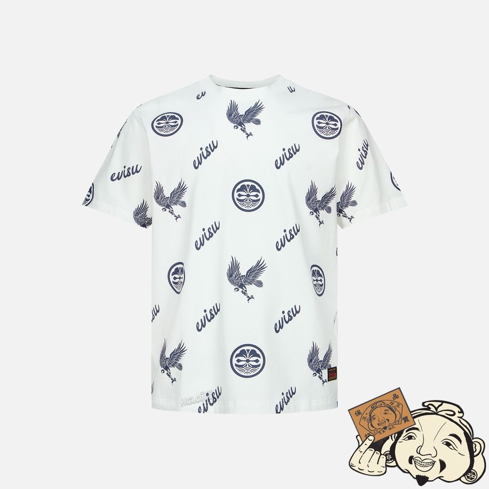 Men Evisu KAMON AND EAGLE ALLOVER PRINT T-SHIRT Blanche | 102UCIXKF