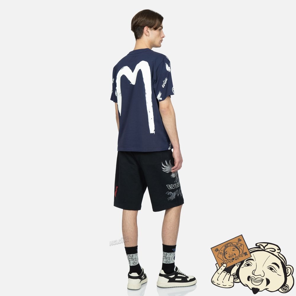 Men Evisu KAMON AND EAGLE ALLOVER PRINT T-SHIRT Bleu Marine | 180NXCJLT