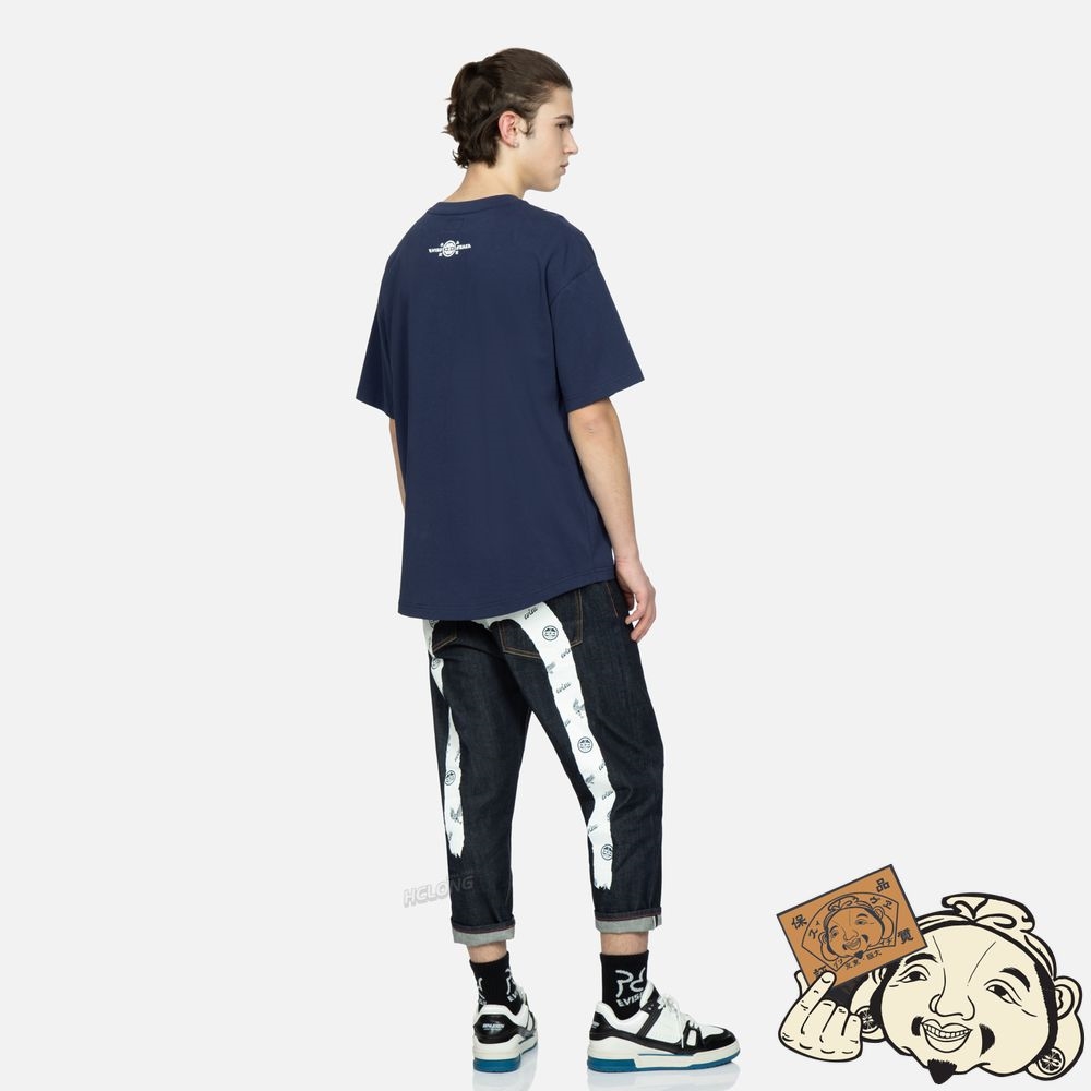 Men Evisu KAMON AND EAGLE-PATTERN BRUSHSTROKE DAICOCK PRINT CROPPED-FIT JEANS #2027 Indigo | 367ACZHLT