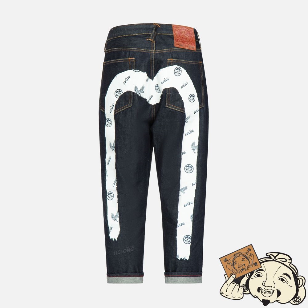 Men Evisu KAMON AND EAGLE-PATTERN BRUSHSTROKE DAICOCK PRINT CROPPED-FIT JEANS #2027 Indigo | 367ACZHLT