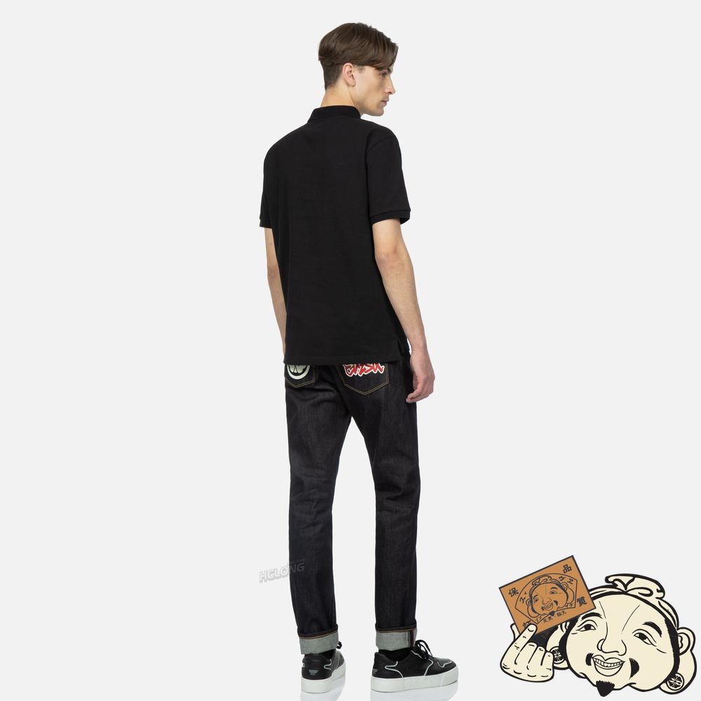 Men Evisu KAMON AND GRAFFITI LOGO PRINT CARROT-FIT DENIM JEANS #2017 Indigo | 436MOXAYS