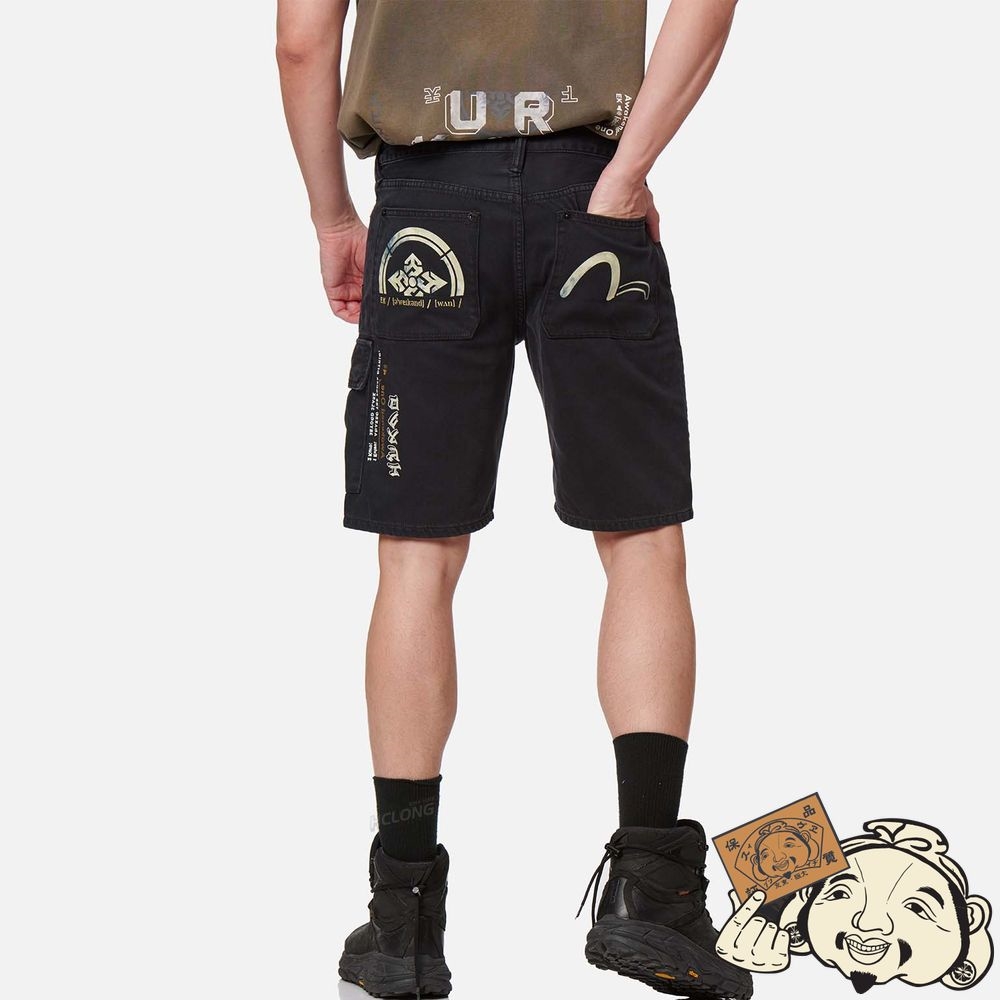 Men Evisu KAMON AND SEAGULL PRINT DENIM SHORTS Noir | 849QKFDUG