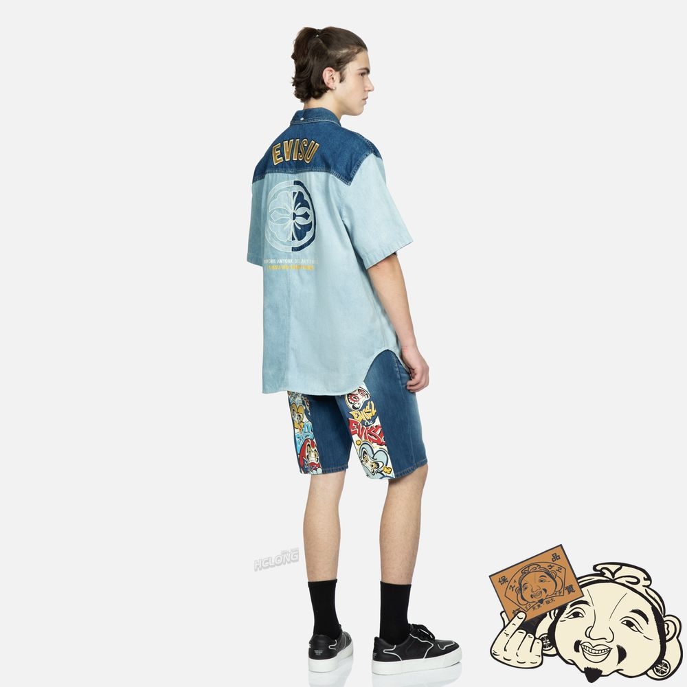 Men Evisu KAMON APPLIQUÉ FABRIC BLOCKING DENIM SHIRT Indigo | 908LOVEQF
