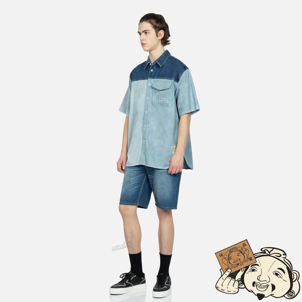 Men Evisu KAMON APPLIQUÉ FABRIC BLOCKING DENIM SHIRT Indigo | 908LOVEQF