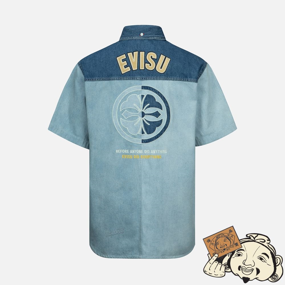 Men Evisu KAMON APPLIQUÉ FABRIC BLOCKING DENIM SHIRT Indigo | 908LOVEQF