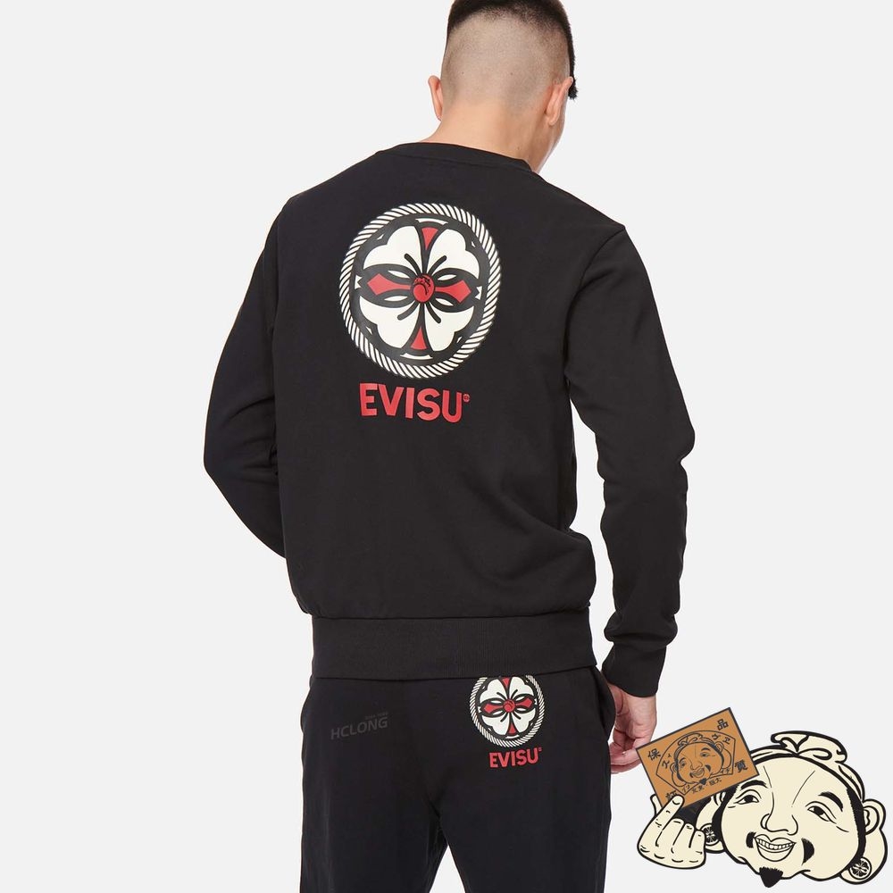 Men Evisu KAMON PRINT SWEATSHIRT Noir | 532ZXSKDW