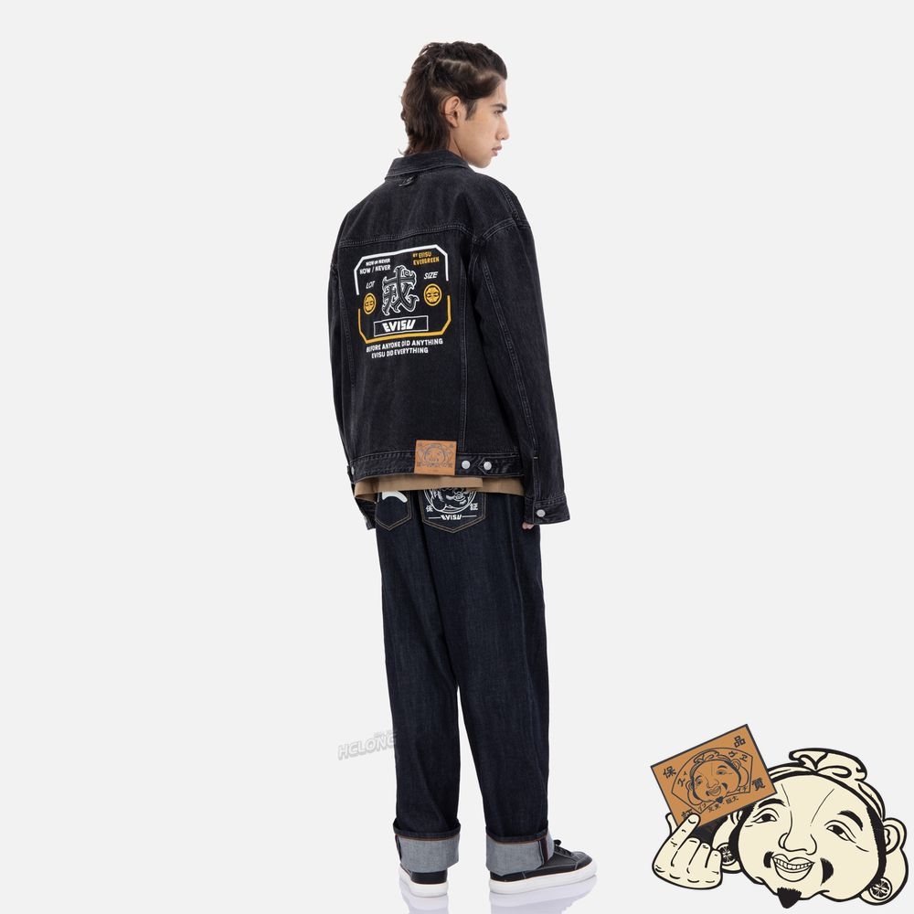 Men Evisu KANJI PRINT DENIM JACKET Noir | 341SXORNA