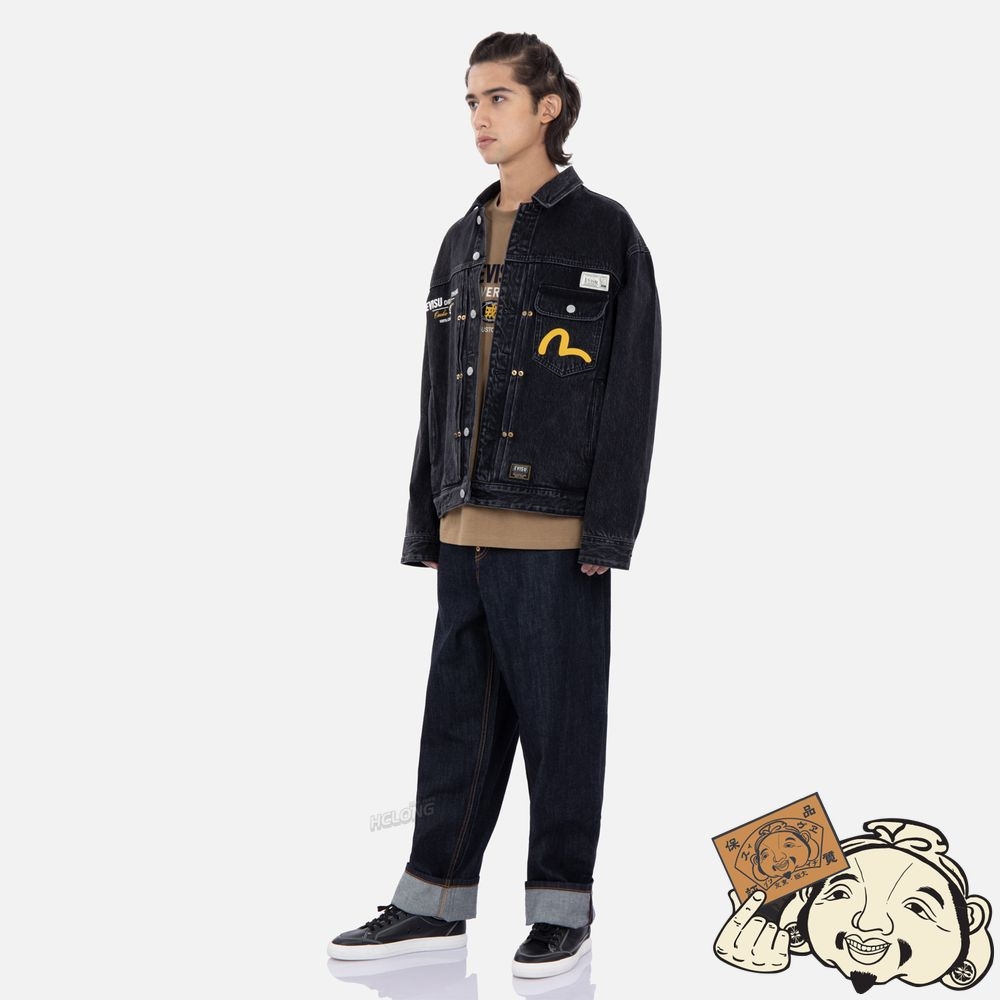 Men Evisu KANJI PRINT DENIM JACKET Noir | 341SXORNA