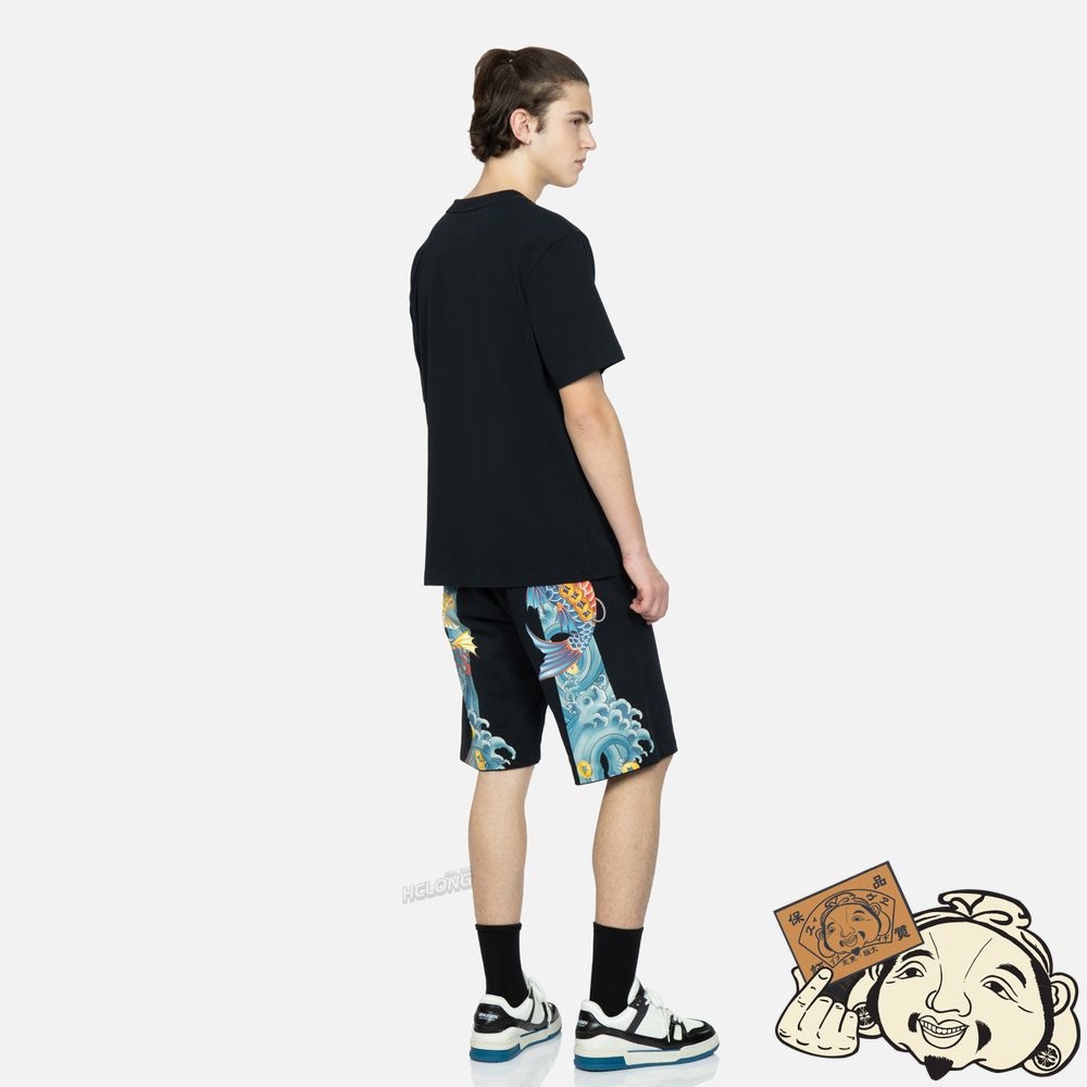 Men Evisu KOI-DRAGON DAICOCK PRINT SWEAT SHORTS Noir | 437NCMBAR