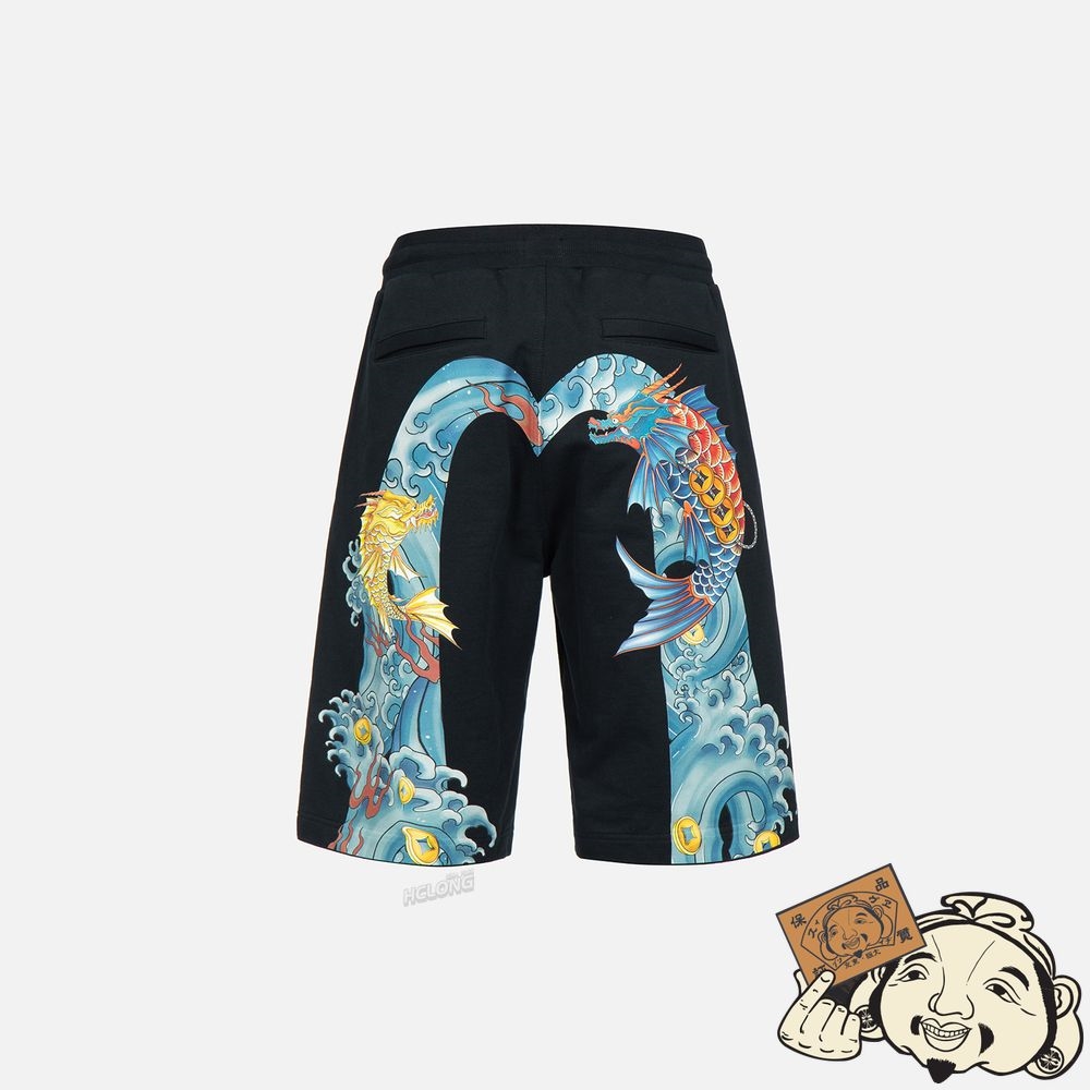 Men Evisu KOI-DRAGON DAICOCK PRINT SWEAT SHORTS Noir | 437NCMBAR