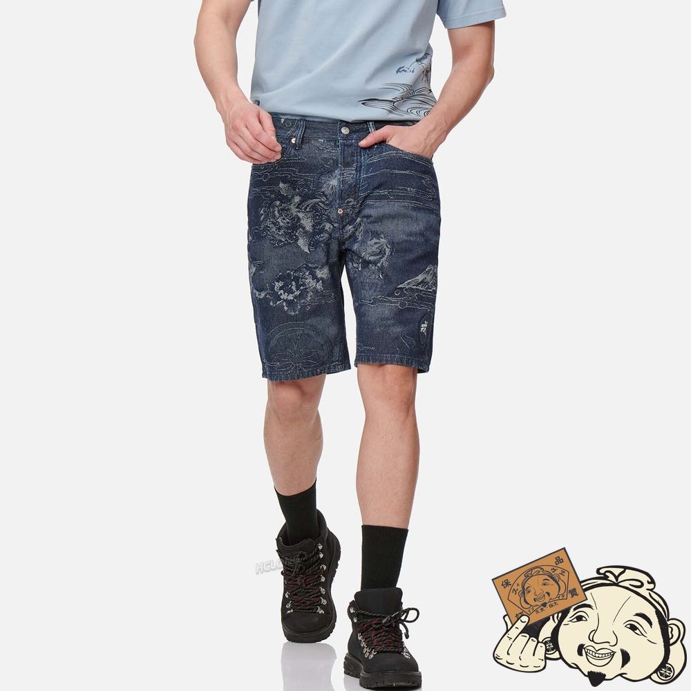 Men Evisu KOMAINU JACQUARD DENIM SHORTS Indigo | 139MISVCD