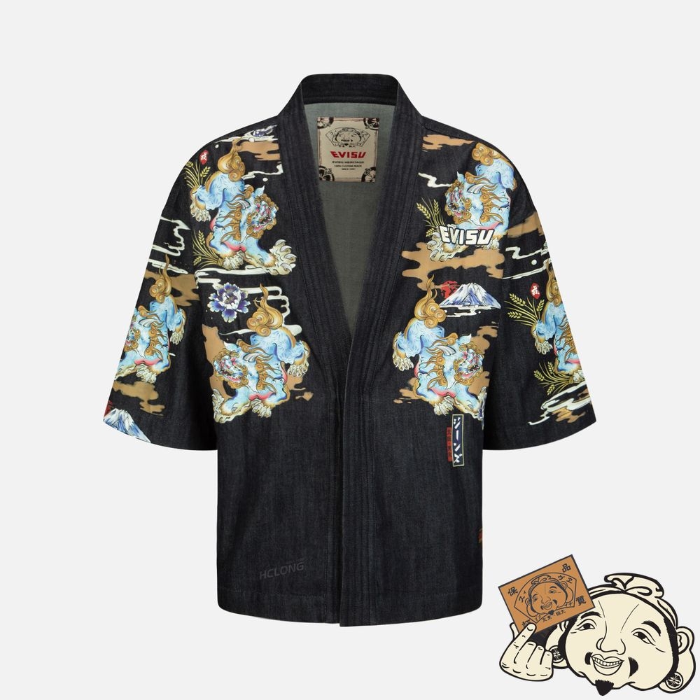 Men Evisu KOMAINU PAINTING PRINT DENIM KIMONO Indigo | 985TEARMB