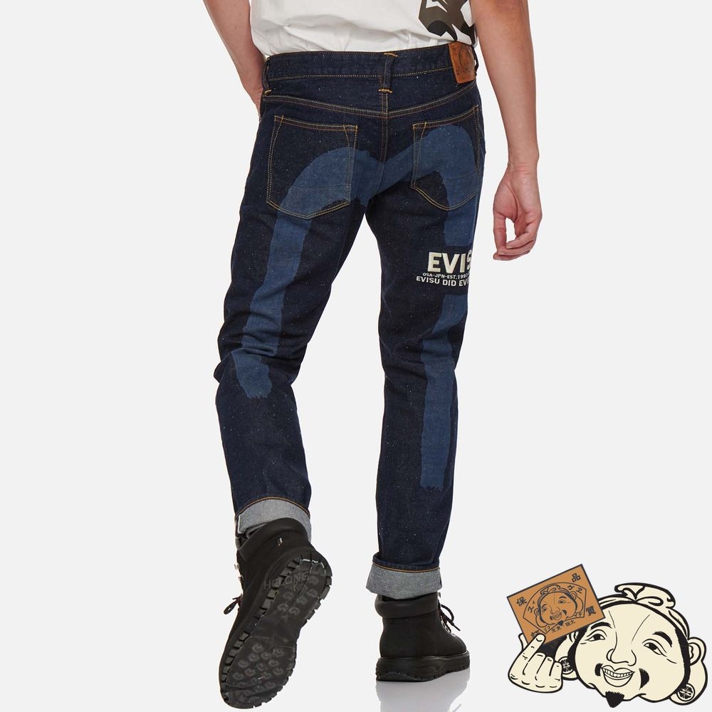 Men Evisu LASER-PRINT BRUSHSTROKE DAICOCK CARROT FIT JEANS #2017 Indigo | 582FRDCAE