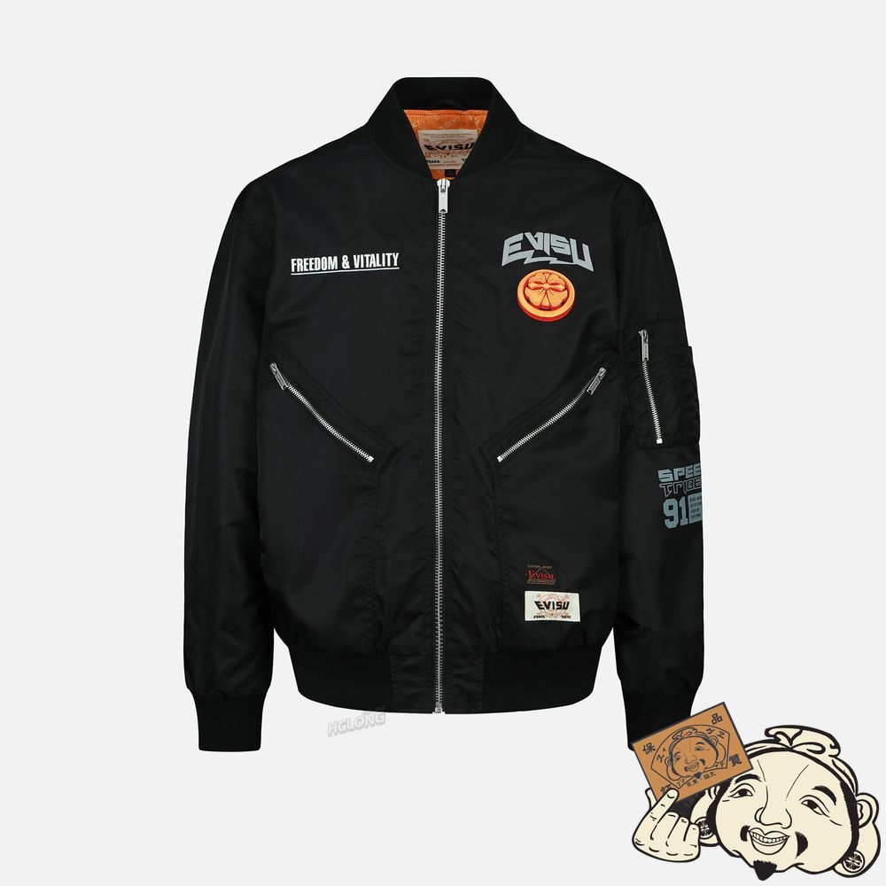 Men Evisu LOGO AND KAMON EMBROIDERED MA-1 BOMBER JACKET Noir | 082MJITVW
