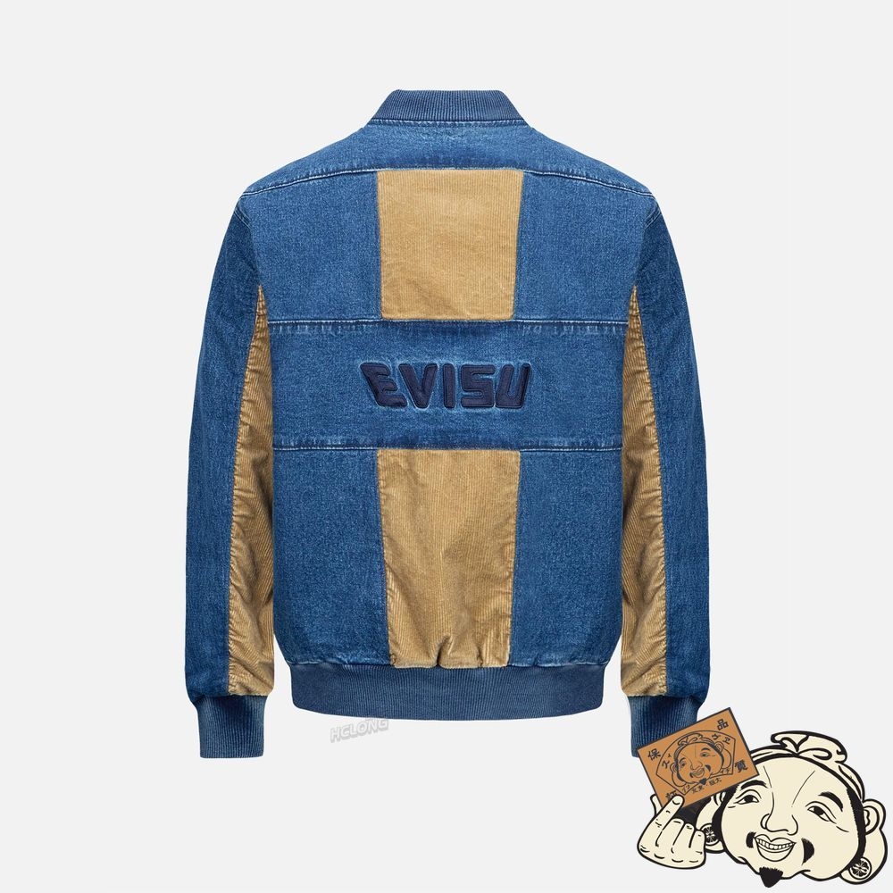 Men Evisu LOGO EMBROIDERY FABRIC-MIXED BOMBER JACKET Indigo | 950QWMESG