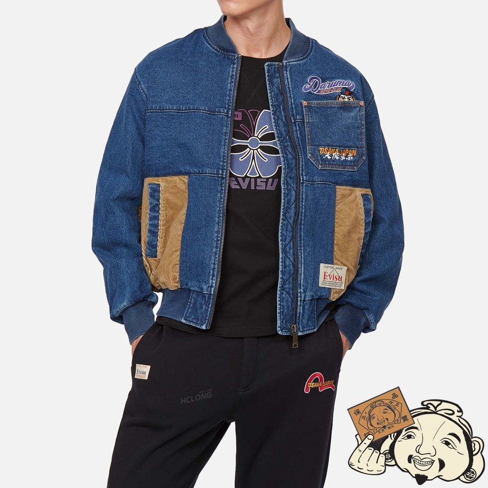 Men Evisu LOGO EMBROIDERY FABRIC-MIXED BOMBER JACKET Indigo | 950QWMESG