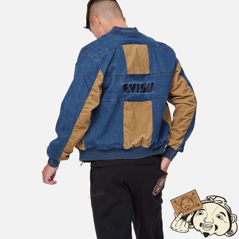 Men Evisu LOGO EMBROIDERY FABRIC-MIXED BOMBER JACKET Indigo | 950QWMESG