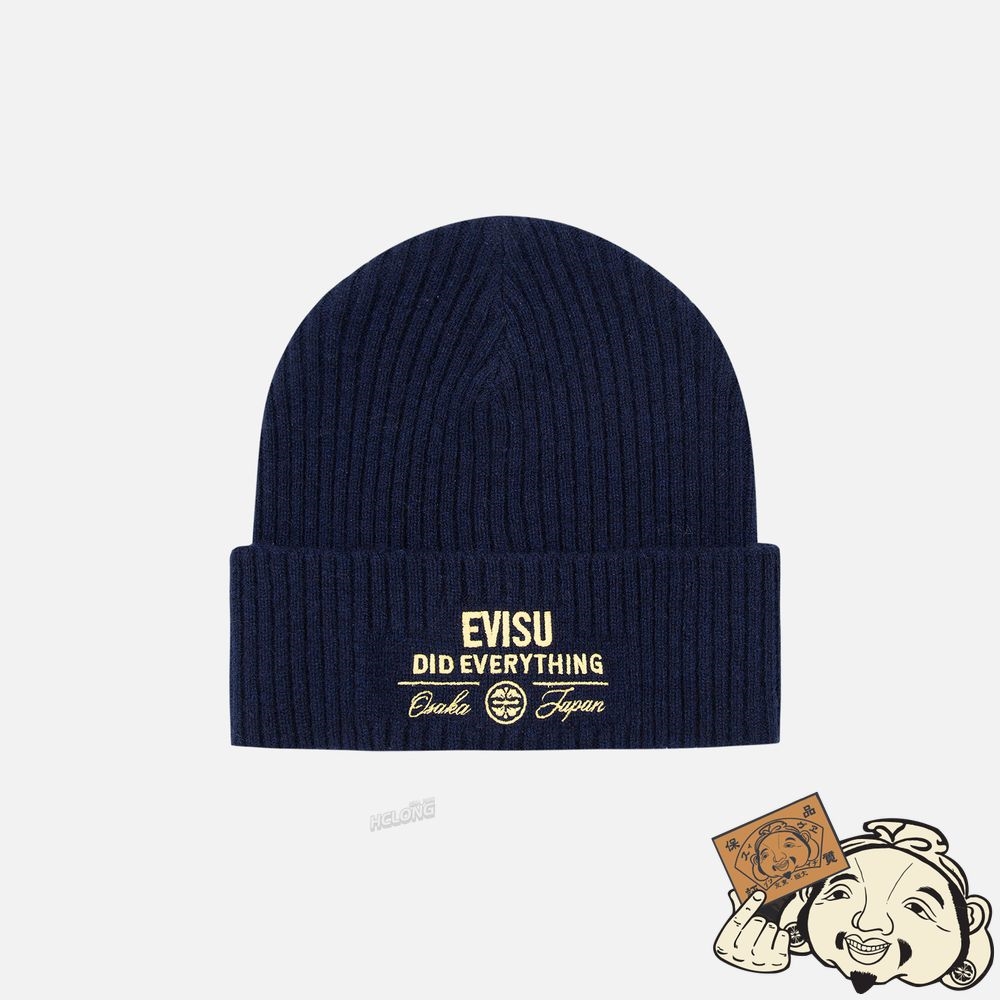 Men Evisu LOGO EMBROIDERY LAMBSWOOL BEANIE Bleu Marine | 385BOJKXW